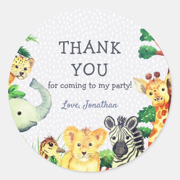 Fun Cute Jungle Animals Vibrant Thank You Birthday Classic Round ...