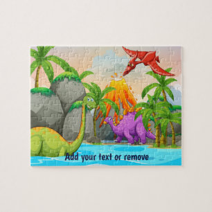Fun cute jurassic dinosaurs, jungle, volcano, lake jigsaw puzzle
