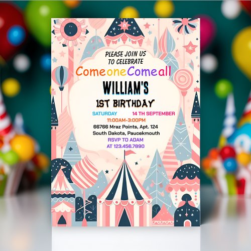 fun cute kids Carnival Circus Show 1st Birthday Invitation