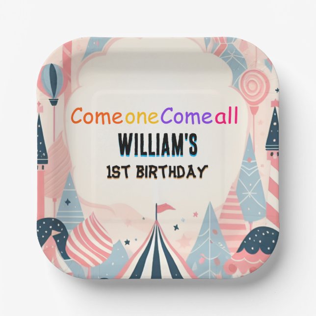 fun cute kids Carnival Circus Show 1st Birthday Paper Plates (Front)