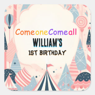 fun cute kids Carnival Circus Show 1st Birthday Square Sticker