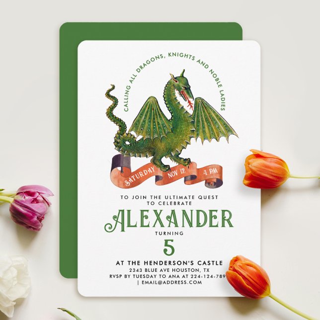 Fun Cute Medieval Green Dragon Knight Quest Kids Invitation (Creator Uploaded)