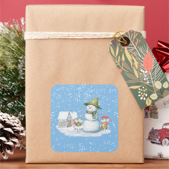 Fun Cute Merry Christmas Snow Holiday Square Sticker (Holiday)