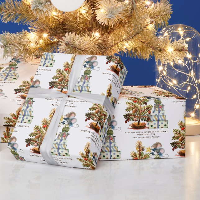 Fun Cute Mice Christmas Tree Name Wrapping Paper (Holidays)