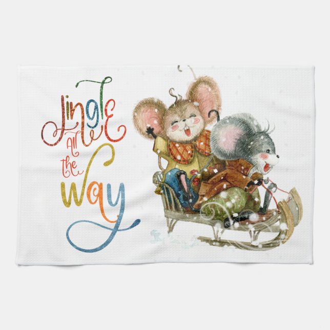 Fun Cute Mice Sleigh Jingle All The Way Glitter Kitchen Towel (Horizontal)