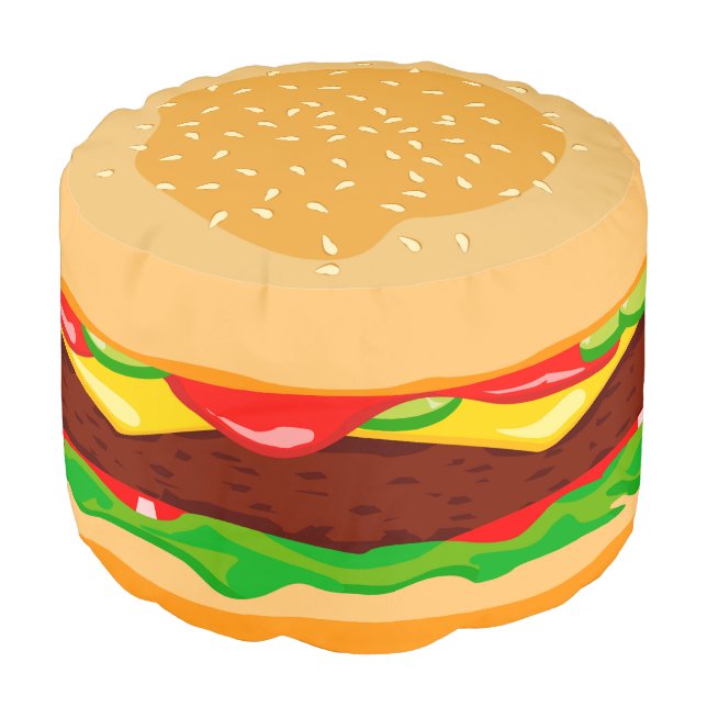 Fun cute modern hamburger in a sesame seed bun, pouf (Angled Front)