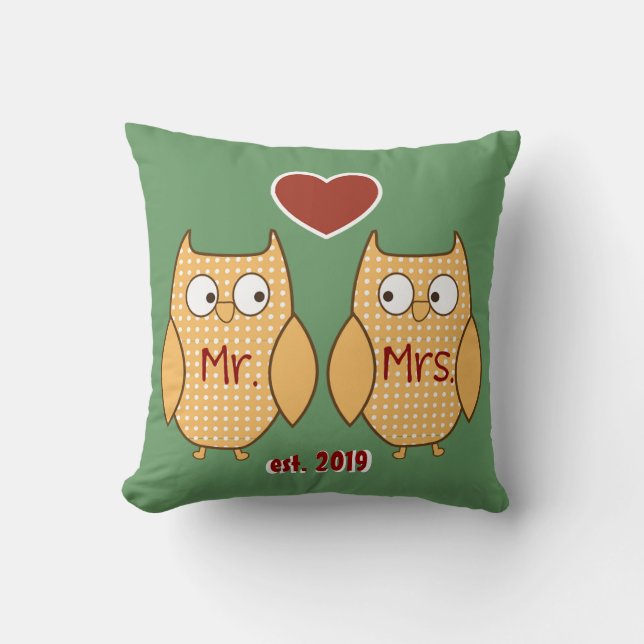 Fun Cute Mr. & Mrs. Owl Personalized Throw Pillow (Front)