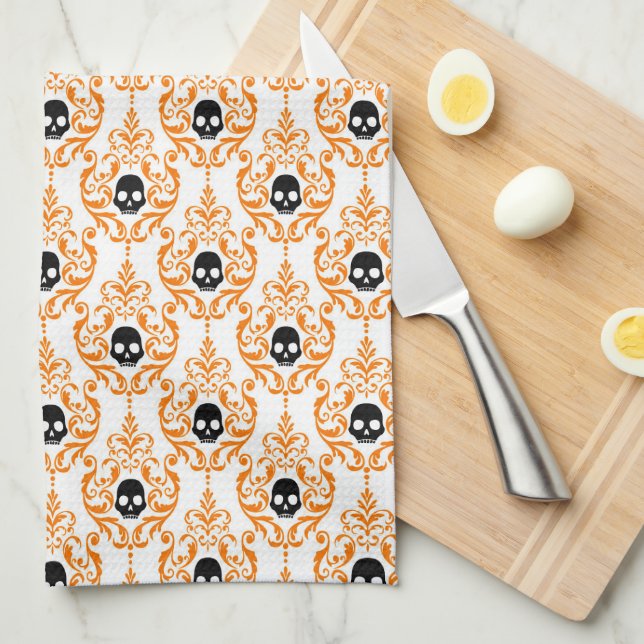 Fun Cute Orange Black Halloween Skull Kitchen Towel (Quarter Fold)