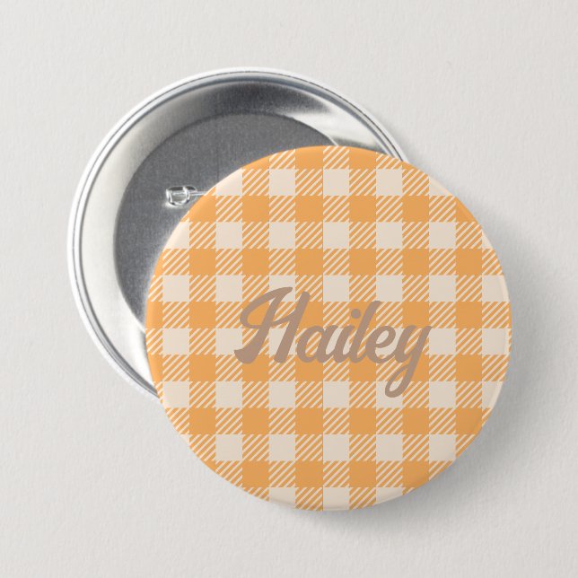Fun Cute orange gingham preppy plaid checked Button (Front & Back)