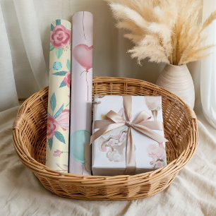 Fun Cute Pastel Llama Balloon Floral Baby Girl Wrapping Paper Sheets