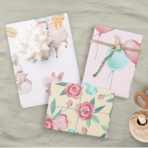 Fun Cute Pastel Llama Balloon Floral Baby Girl Wrapping Paper Sheets