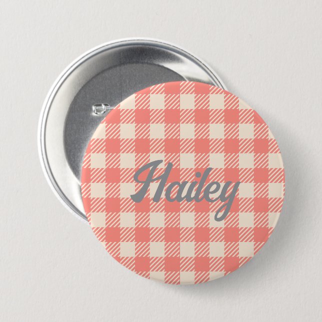 Fun Cute peach pink gingham preppy plaid checked Button (Front & Back)