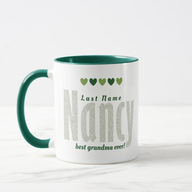 Fun, Cute Personalized "Nancy" in Green Hearts Art Mug (Left)