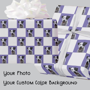Fun Cute Photo Purple or Your Color Dog Checkered Wrapping Paper
