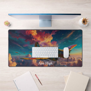 Fun Cute Plane in Colourful Clouds Desk Mat