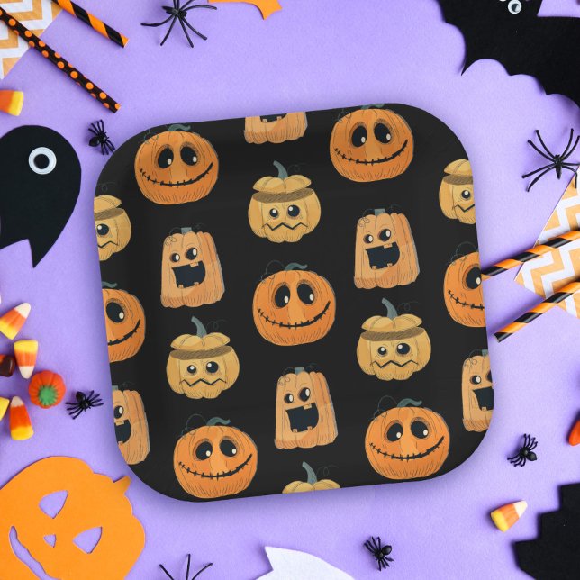 Fun Cute Pumpkin Pattern Halloween Party Paper Plates (Creator Uploaded)