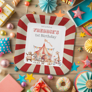 Fun Cute Red and White Circus Kids Party Paper Plates