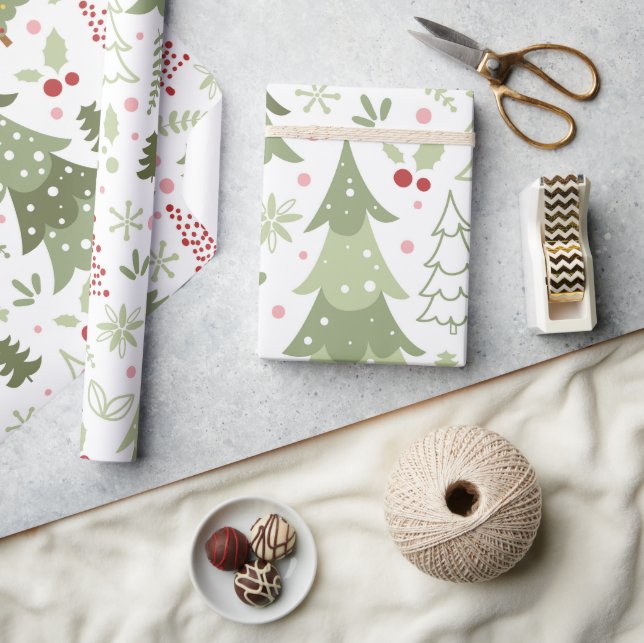 Fun Cute Red Green Pastel Trees Christmas Wrapping Paper (Crafts)
