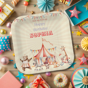 Fun Cute Red & Pink Circus Kids Birthday Paper Plates