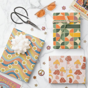 Fun Cute Retro Designs Flower Mushroom Wrapping Paper Sheets