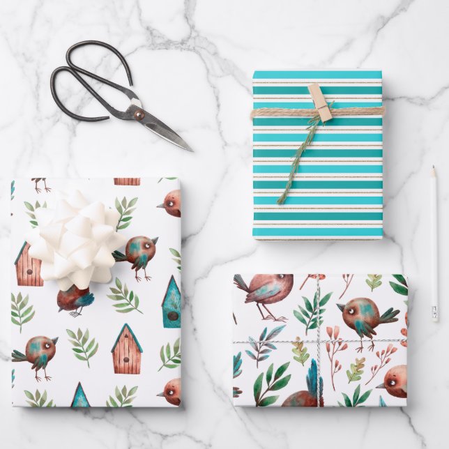 Fun Cute Rustic Little Birds Houses Stripes Wrapping Paper Sheets (Front)
