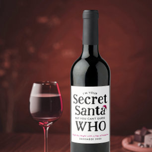 Fun Cute Secret Santa Joke Red Hat Modern Script Wine Label