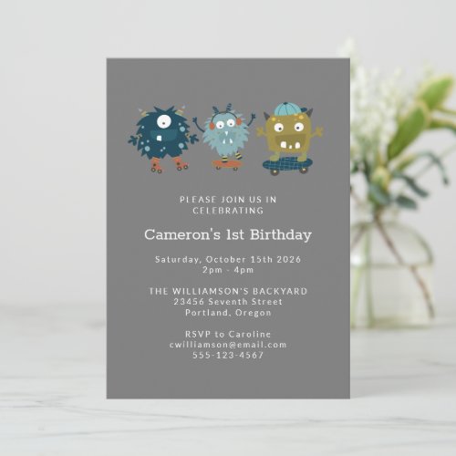 Fun Cute Skateboard Monster 1st Birthday Party  Invitation