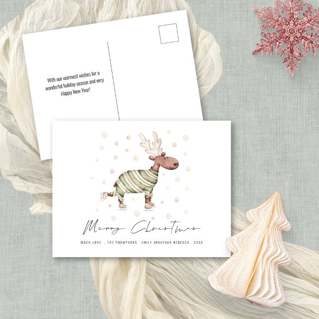 Fun Cute Skating Reindeer Merry Christmas Holiday Postcard (Convenient postcard alternative)