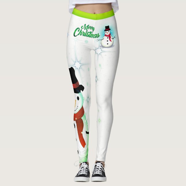 Fun Cute Snowman Snowflakes White Christmas Leggings (Front)