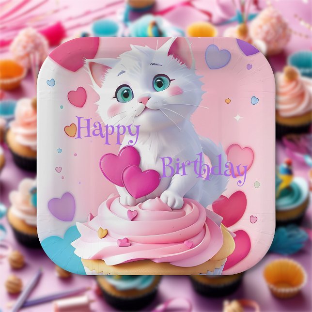 Fun Cute White Kitten Cupcake Girly Birthday Party Paper Plates (Creator Uploaded)