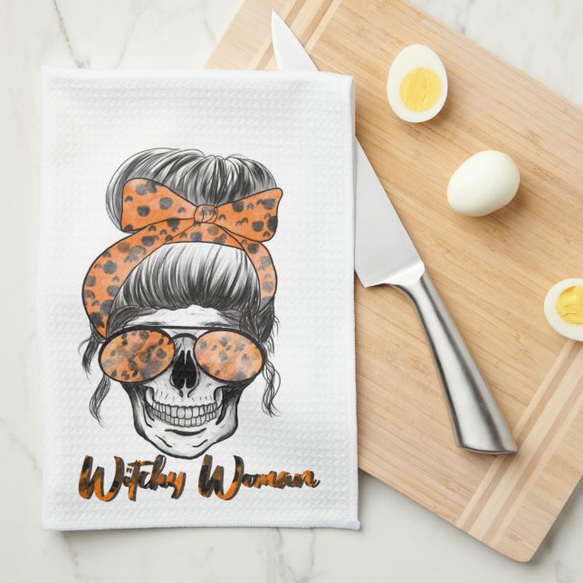 Fun Cute Witchy Women Orange Black Halloween Kitchen Towel (Quarter Fold)