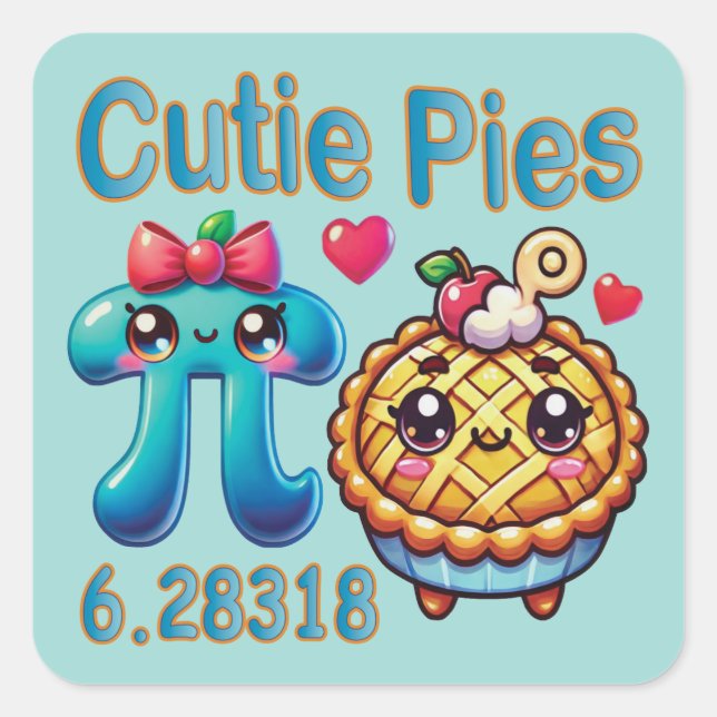 Fun “Cutie Pies” Cute Pi Symbol & Pie Pun Square Sticker (Front)