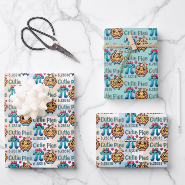 Fun “Cutie Pies” Cute Pi Symbol & Pie Pun Wrapping Paper Sheets (Front)