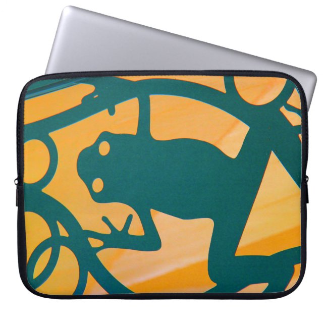 Fun Cutout Frog, Green on Yellow Background Laptop Sleeve (Front)