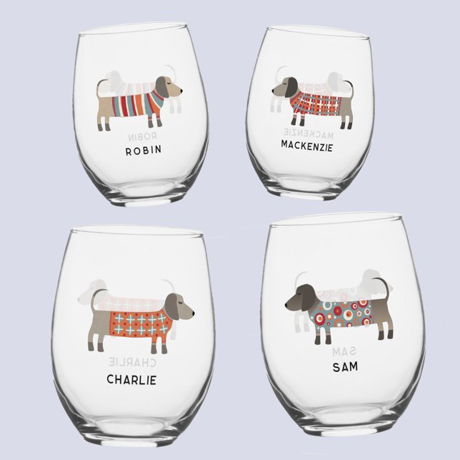 Fun Dachshund Wiener Sausage Dog Personalized Name Stemless Wine Glass (Fun Dachshund Wiener Sausage Dog personalized name glasses)