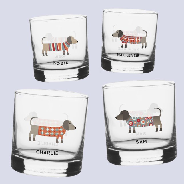 Fun Dachshund Wiener Sausage Dog Personalized Name Whiskey Glass (Fun Dachshund Wiener Sausage Dog personalized name glasses)