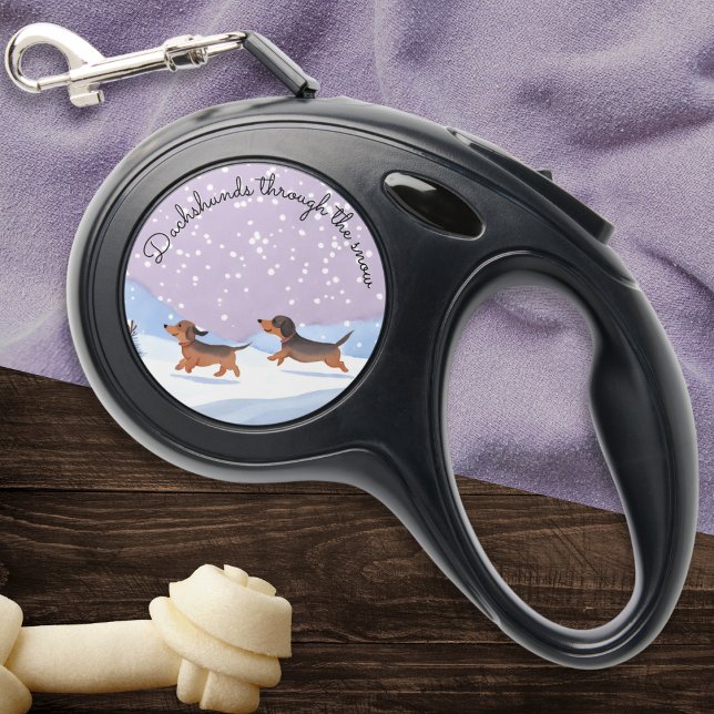 Fun Dachshunds Snow Cute Sausage Dogs Christmas Retractable Pet Leash (A retractable dog lead with picture of two cute dachshunds and caption 'Dachshunds through the snow')