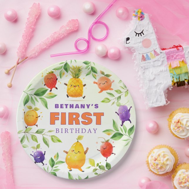 Fun Dancing Fruit First 1st Birthday Party Paper Plates (Party)