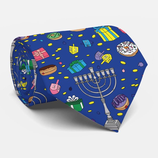 Fun Dark Blue Hanukkah Pattern  Neck Tie (Rolled)