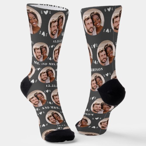 Fun Dark Gray Newlyweds Photo Pattern Socks