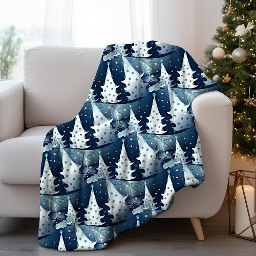 Fun Dark Light Blue Abstract Pine Tree Pattern Fleece Blanket