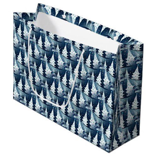 Fun Dark Light Blue Abstract Pine Tree Pattern Large Gift Bag