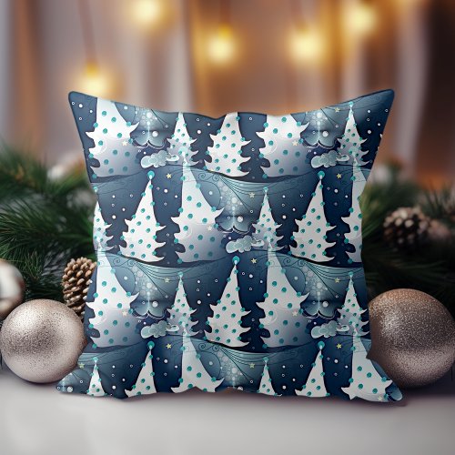 Fun Dark Light Blue Abstract Pine Tree Pattern Throw Pillow