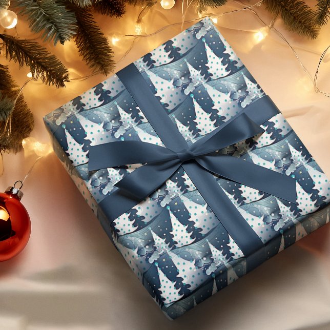 Fun Dark Light Blue Abstract Pine Tree Pattern Wrapping Paper (Creator Uploaded)