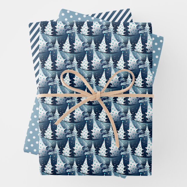 Fun Dark Light Blue Abstract Pine Tree Pattern Wrapping Paper Sheets (In situ)