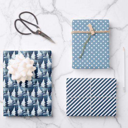 Fun Dark Light Blue Abstract Pine Tree Pattern Wrapping Paper Sheets