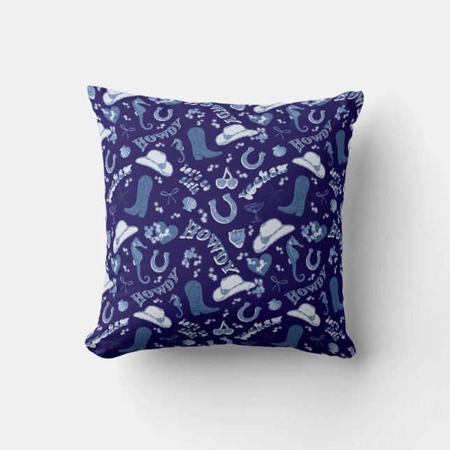 Fun Dark Navy Blue Coastal Cowgirl Pattern Throw Pillow (Front)
