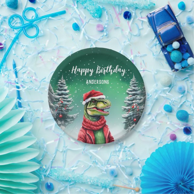 Fun Dino Christmas tree birthday boys snow party Paper Plates (Party)