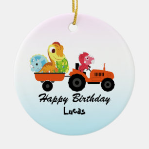 Fun DINO dinosaur tractor Farm School Birthday boy Ceramic Ornament