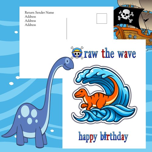 Fun  Dinosaur and Pirate  Birthday Postcard